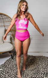 pink ruched midi 2 piece swimsuit