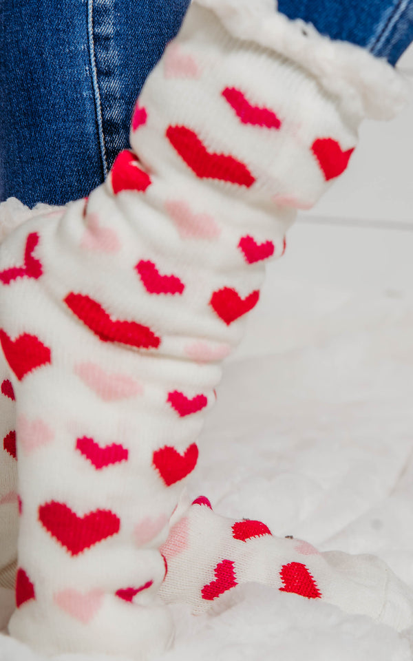 red and pink heart ivory gripper socks