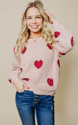 light pink red heart sweater