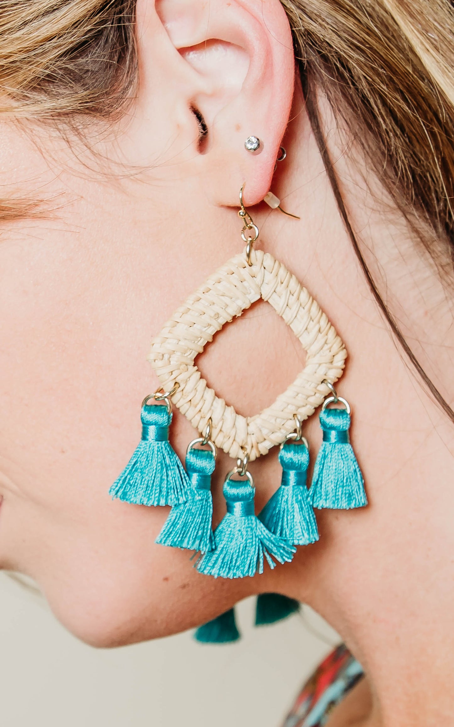 Teal Tassels w/ Wicker Diamond Earrings - Final Sale