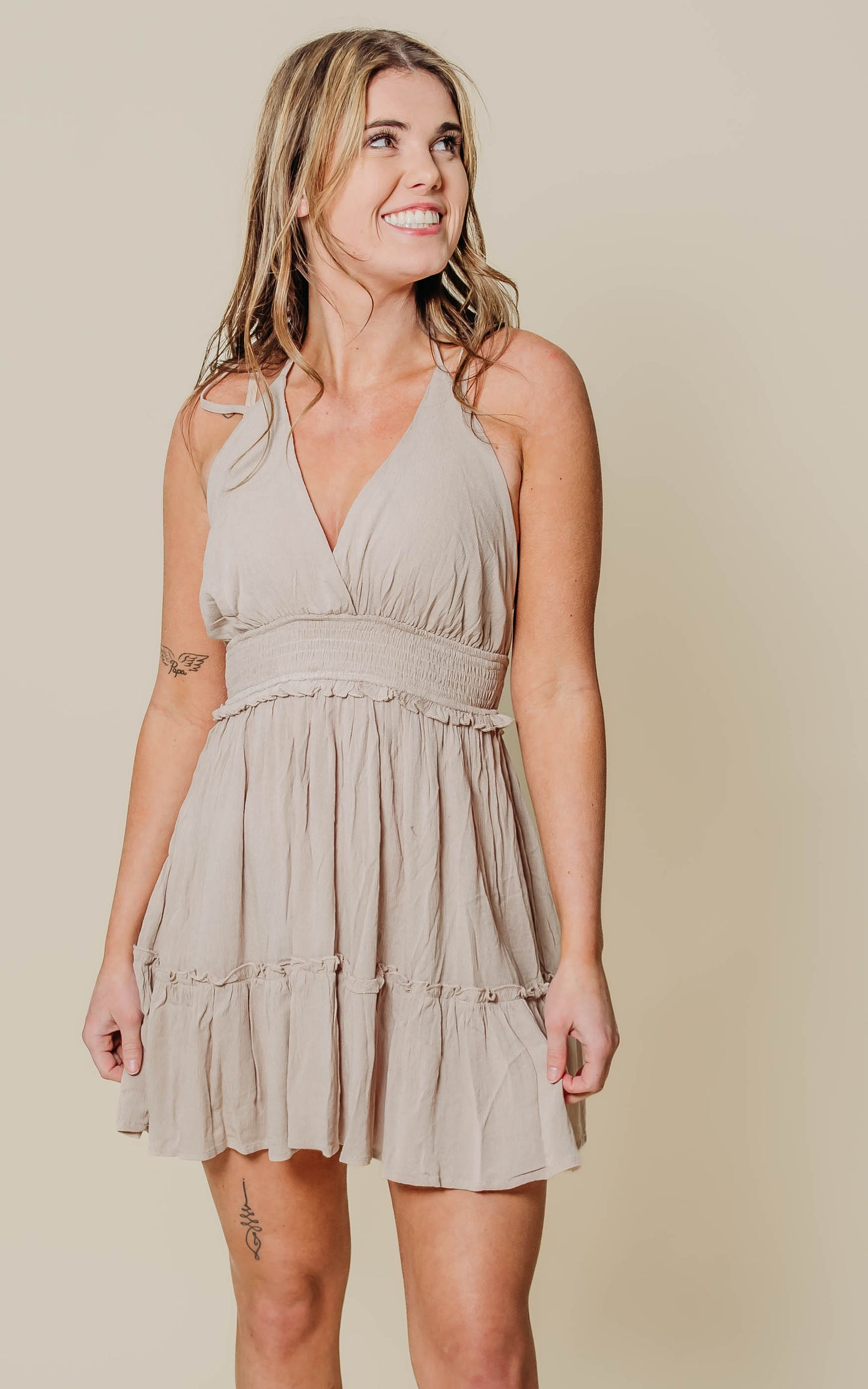 taupe smocked waist halter dress