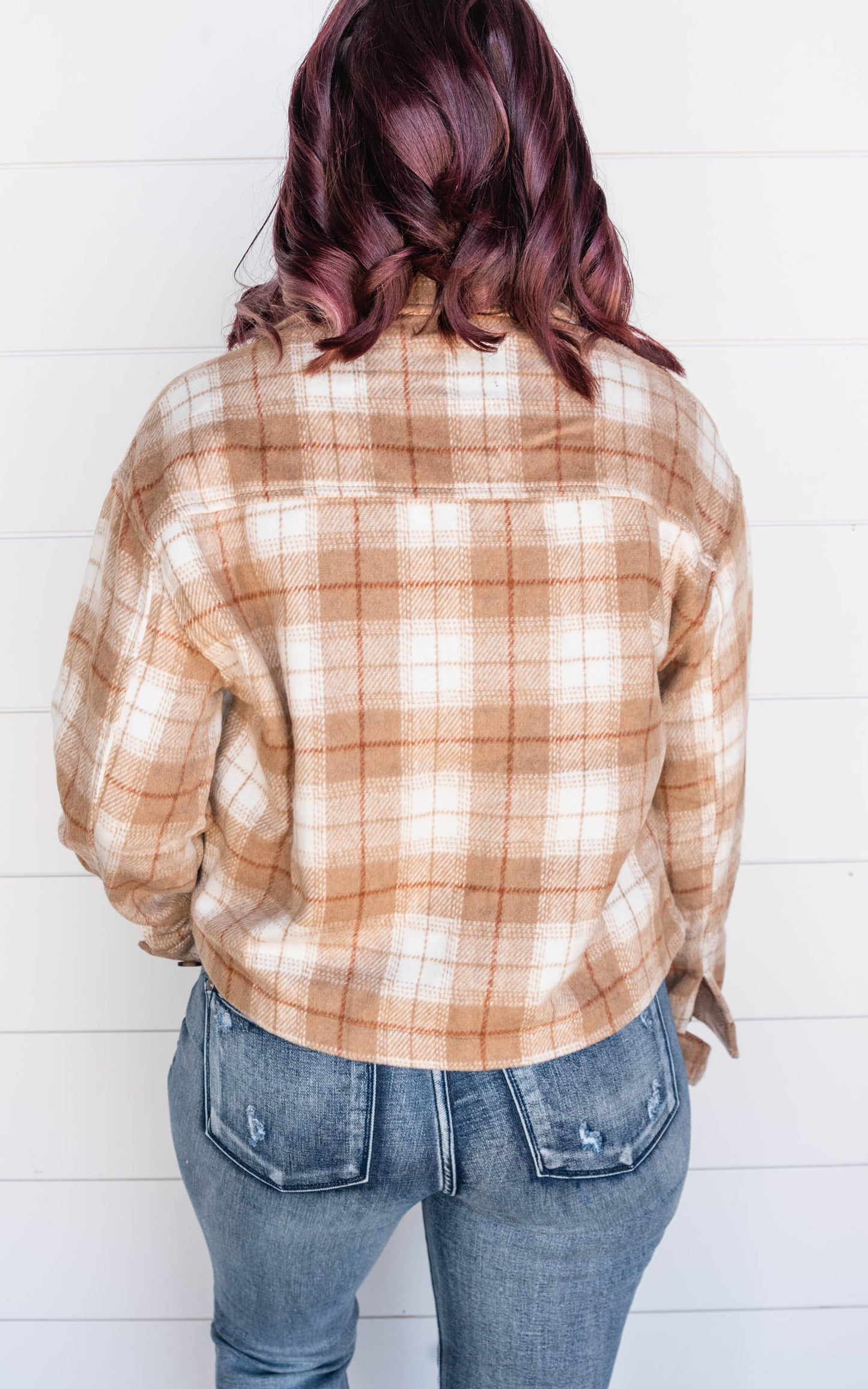 Copy of Plaid Button Down Cropped Shacket - Camel - Final Sale - Pop Up Shop