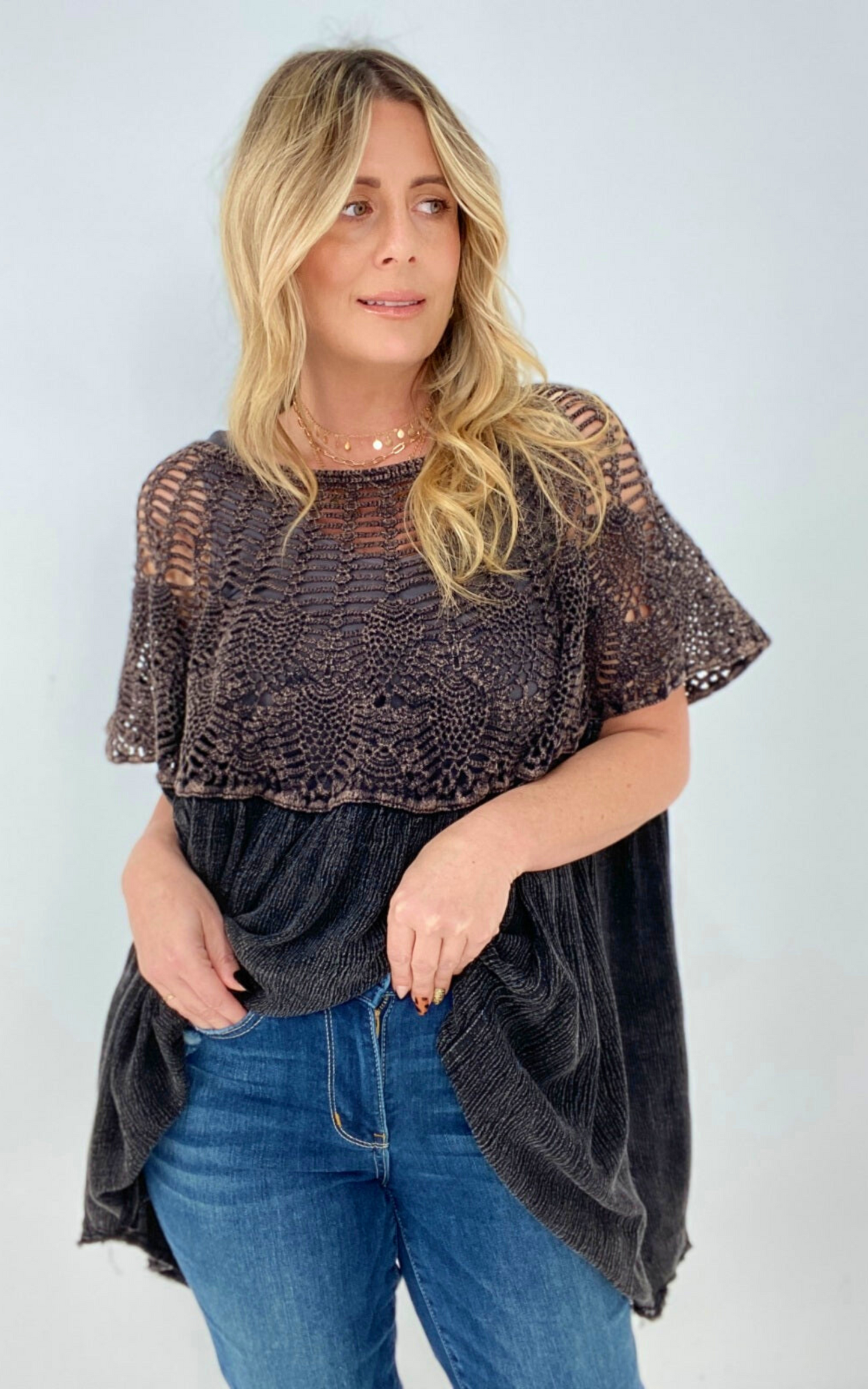 Black Oli & Hali Mineral Washed Crochet Detail Lace Top 