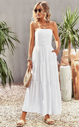 WHITE Strapless Buttoned Pleated Tiered Dress With Pocket