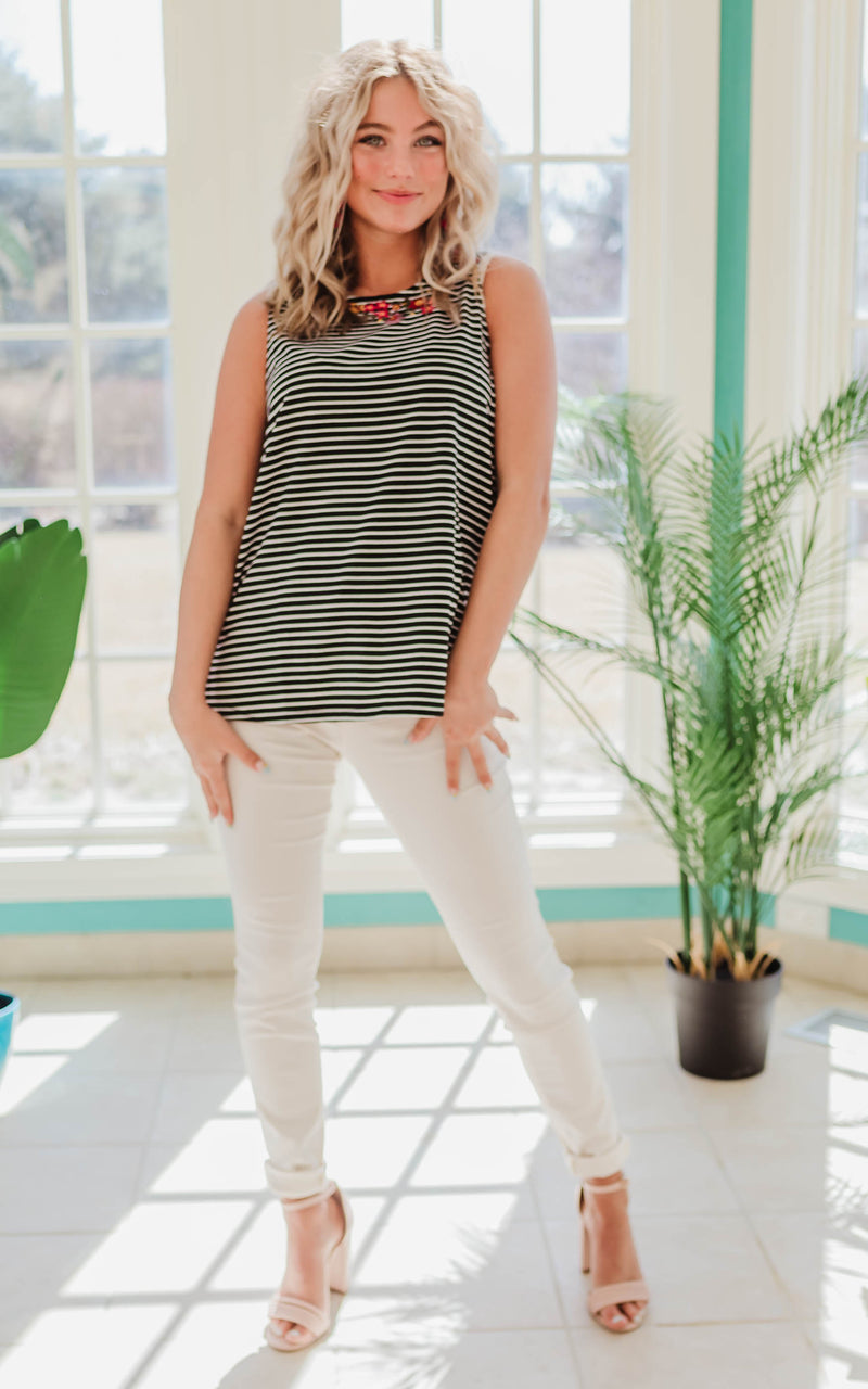 Embroidered Stripe Tank Top - Final Sale