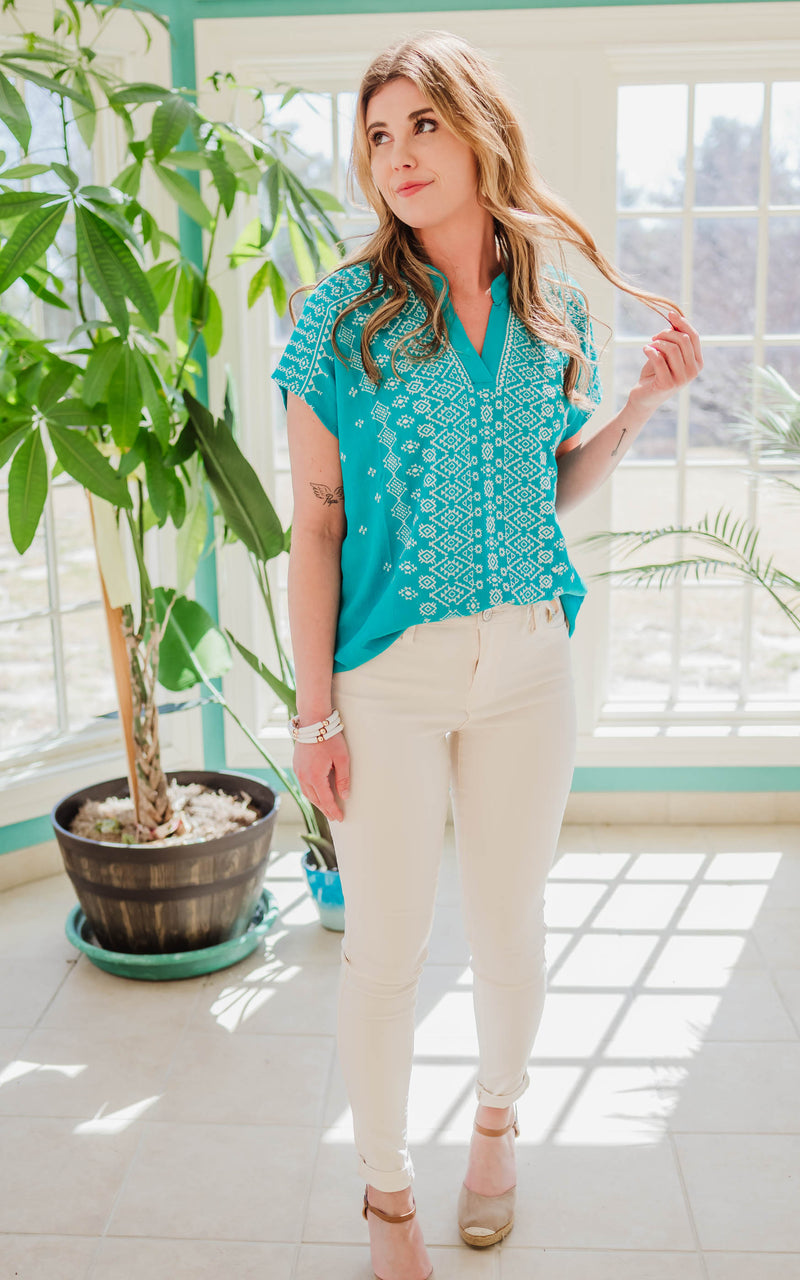 embroidered teal blouse 
