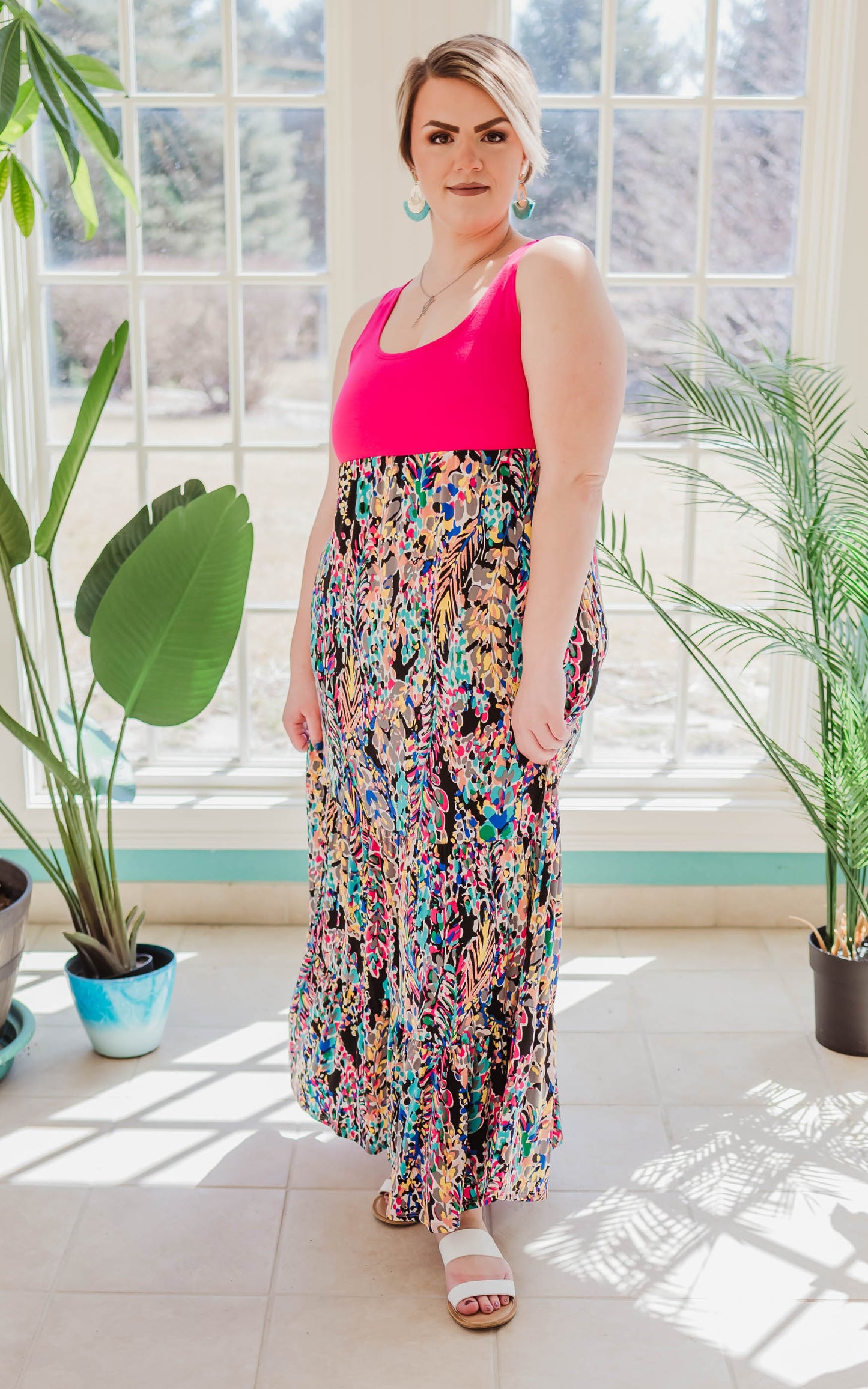 fuchsia color block floral dress 