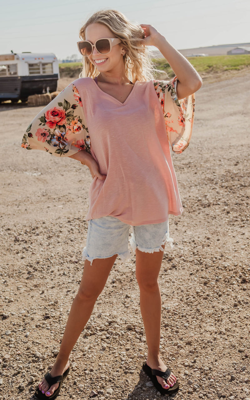 Floral Bell Sleeve Colorblock Top