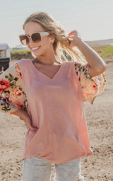 Floral Bell Sleeve Colorblock Top