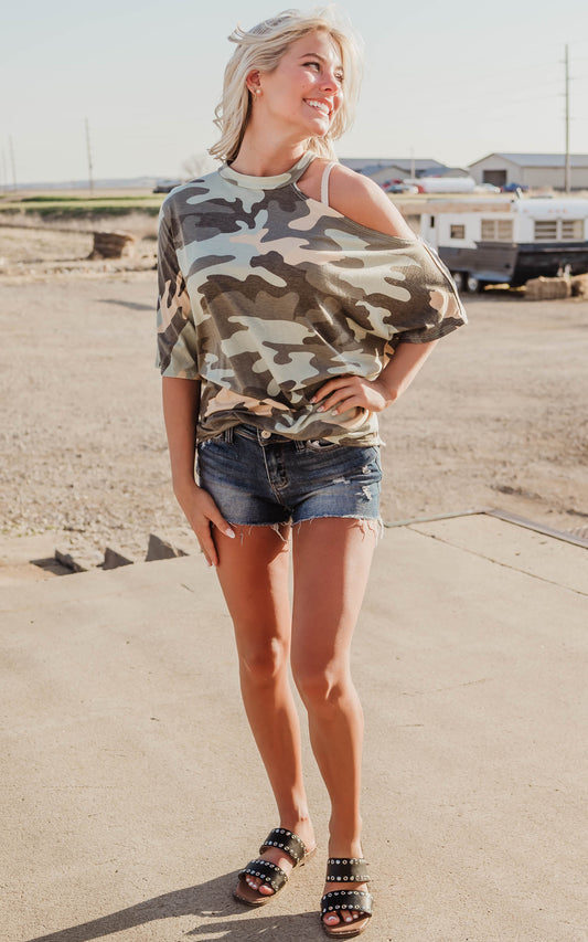 camo cold shoulder dolman top