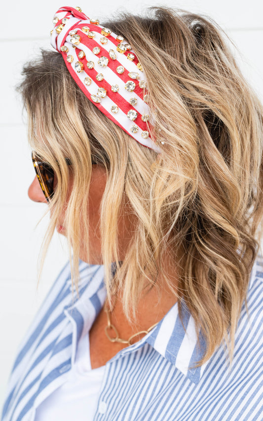 Red & White Stripe Rhinestone Headband - Final Sale