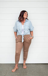 Chambray button up short sleeve top with tie front