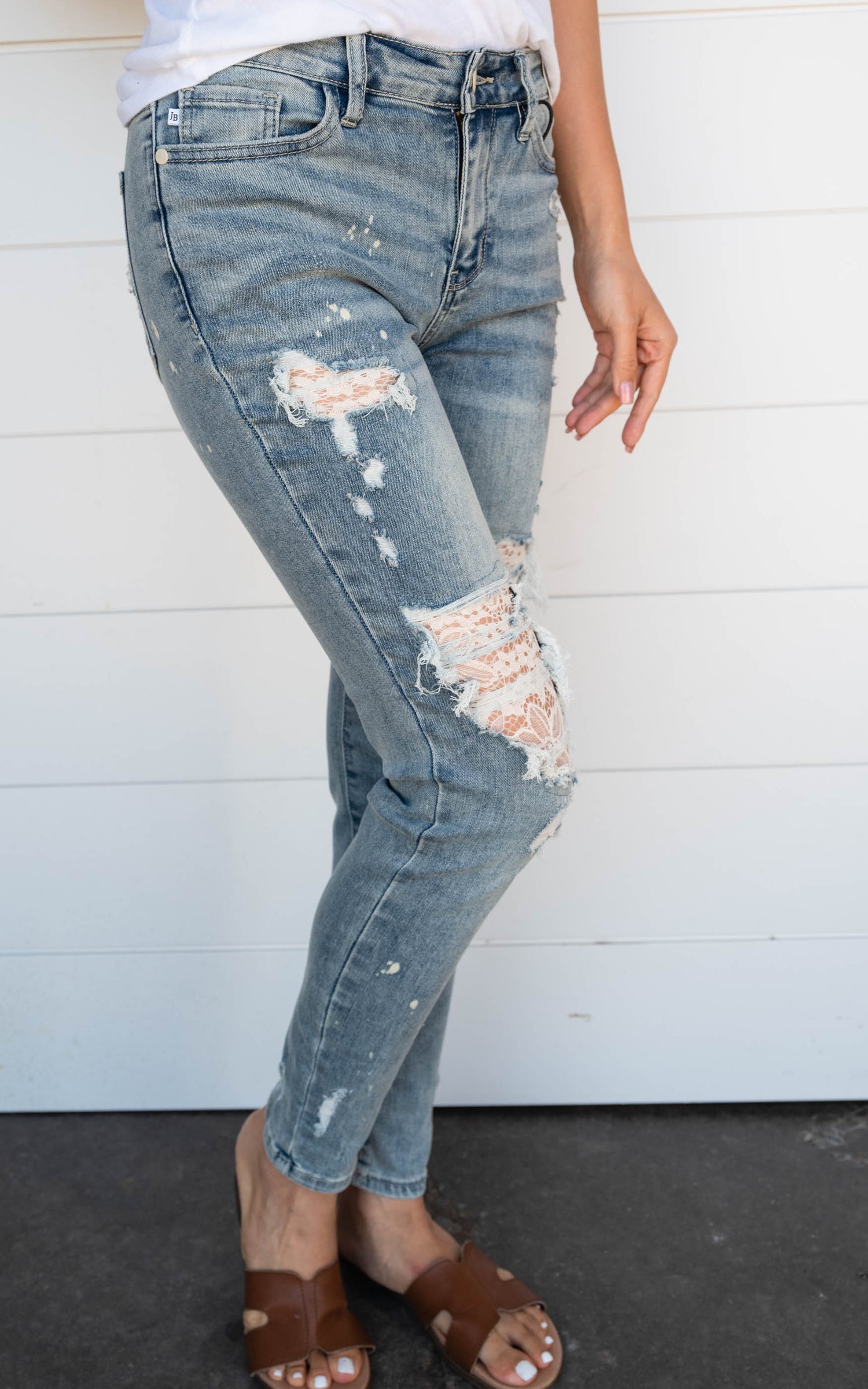 Mid Rise Lace Patch Skinny Jeans- Judy Blue Final Sale – BAD