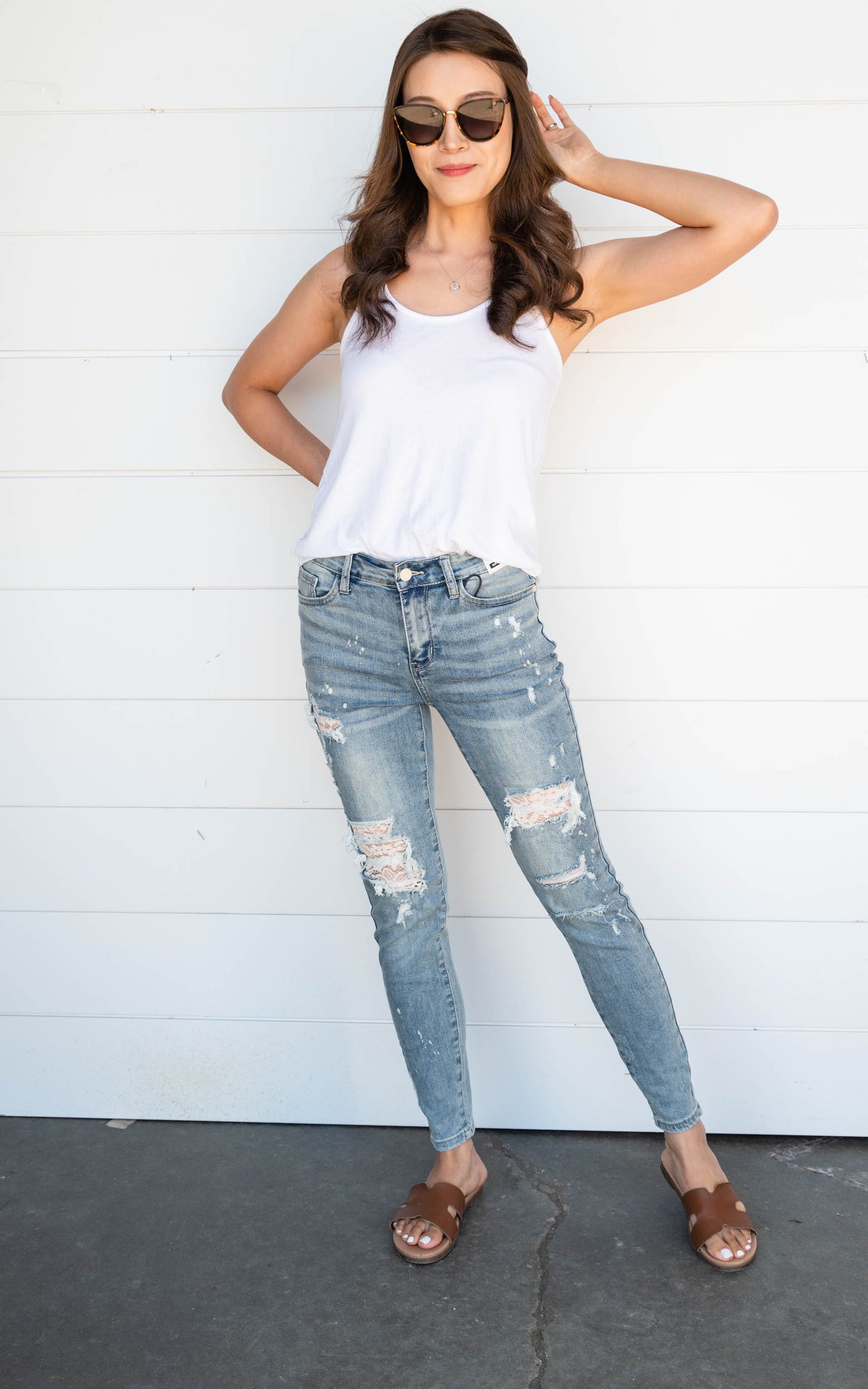 mid rise lace skinny denim