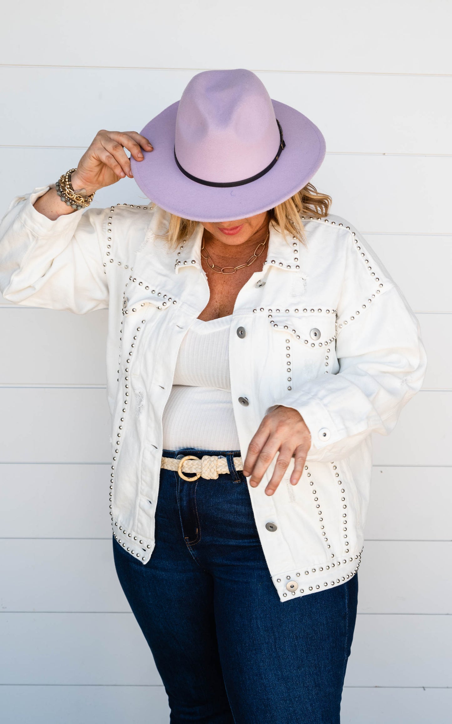 studded white denim jacket 