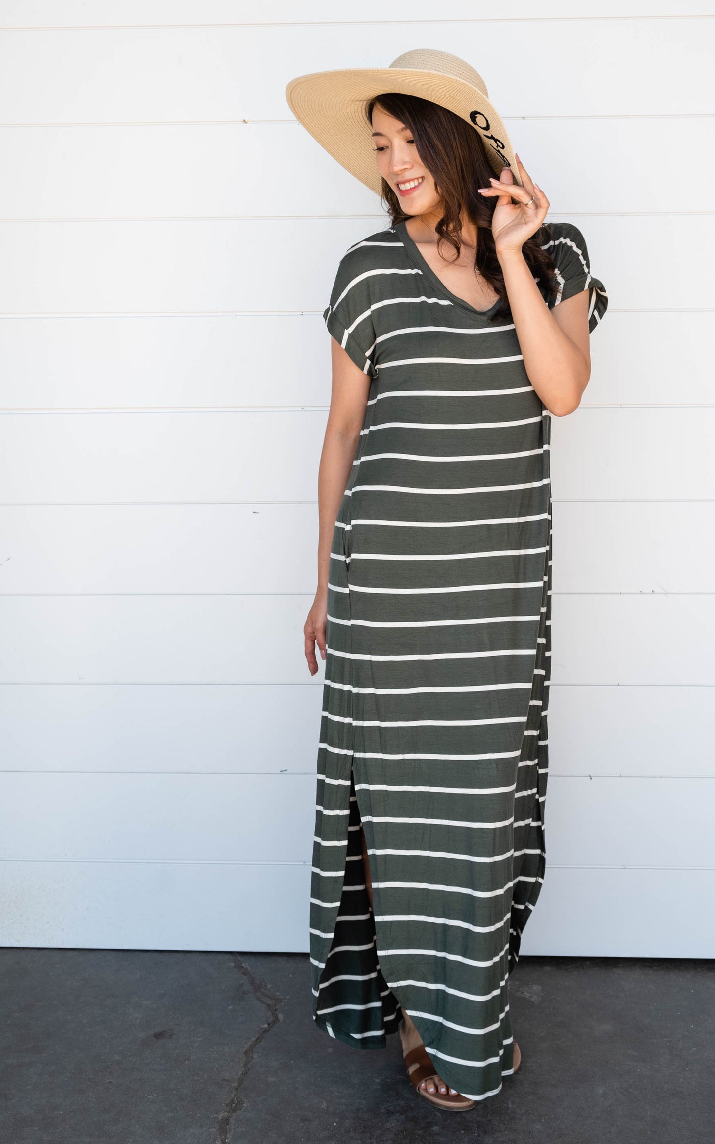 olive green striped dress 