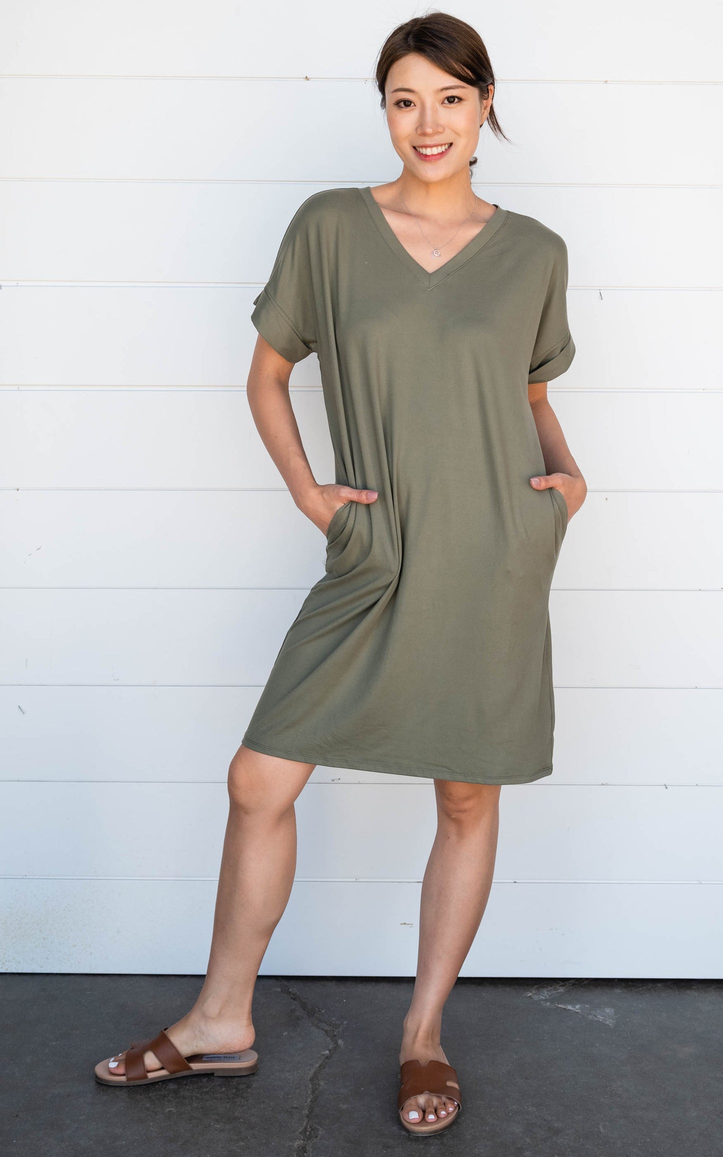 olive v-neck dress 