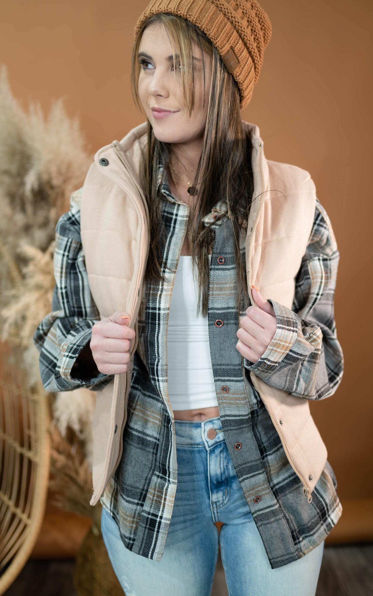 beige quilted vest 