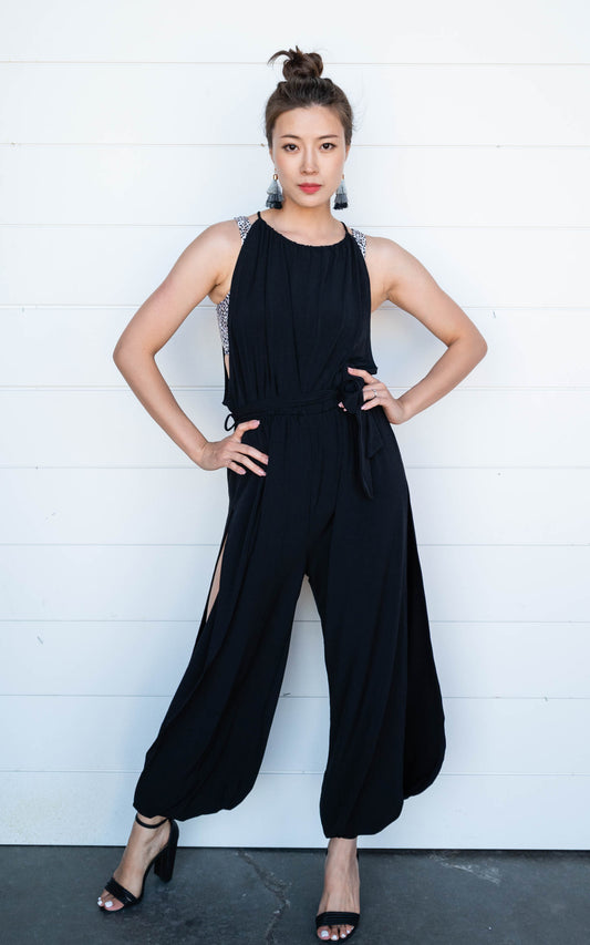 BLACK JUMPSUIT WITH SIDE SLITS