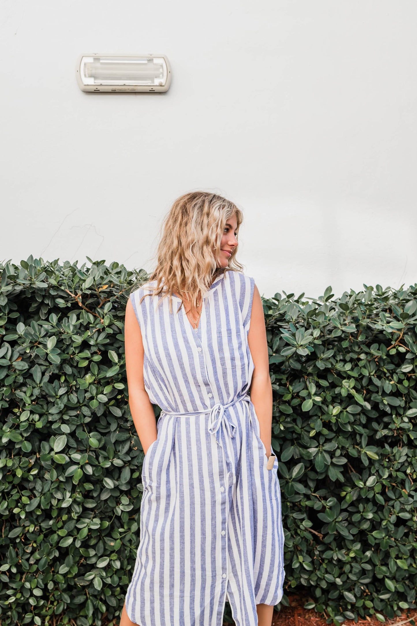 blue white stripe button up dress