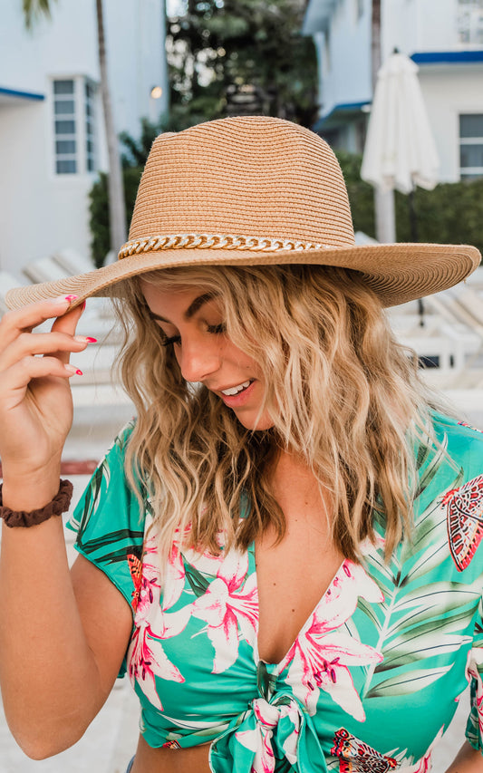 Straw Fedora Sun Hat w/ Chain