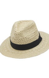 PATTERENED WEAVE BANDED WB STRAW FEDORA Black