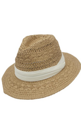 PATTERENED WEAVE BANDED WB STRAW FEDORA TAN