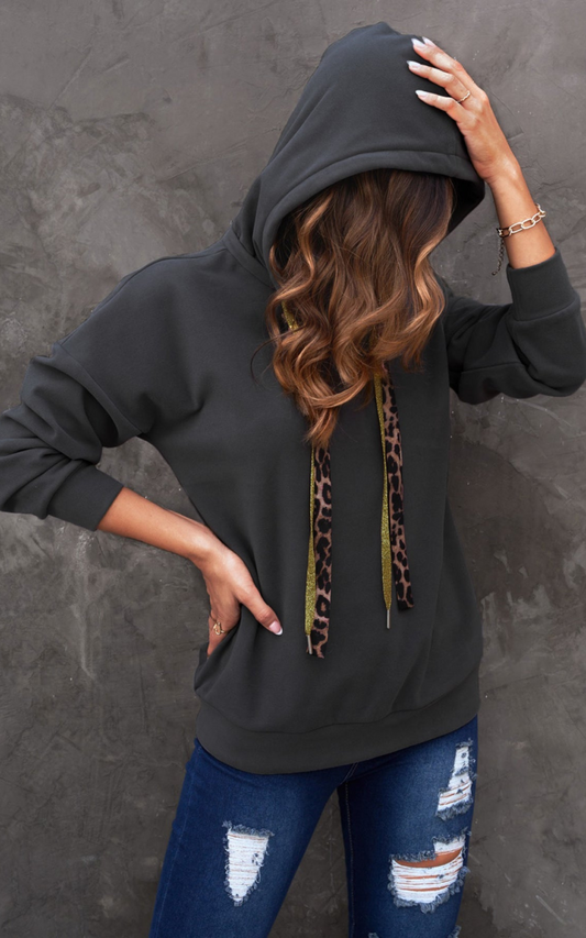 Leopard Print Drawstring Drop-Shoulder Hoodie