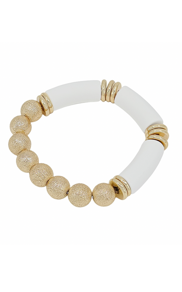 Gold & White Textured Beaded Stretch Bracelet