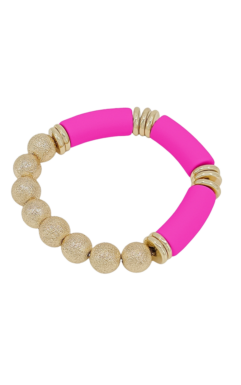 Gold & Hot Pink Textured Beaded Stretch Bracelet