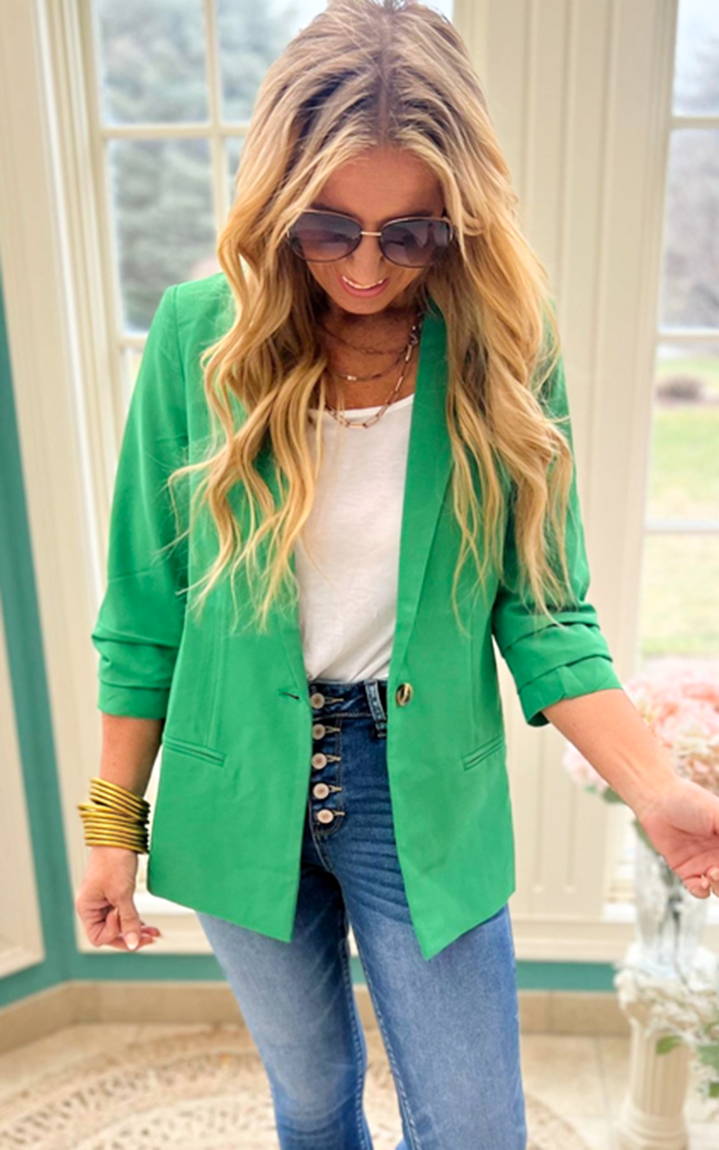 Kelly Green Folded Sleeves Blazer Jacket