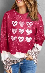 Red Multiple Heart Print Leopard Bleached Sweatshirt