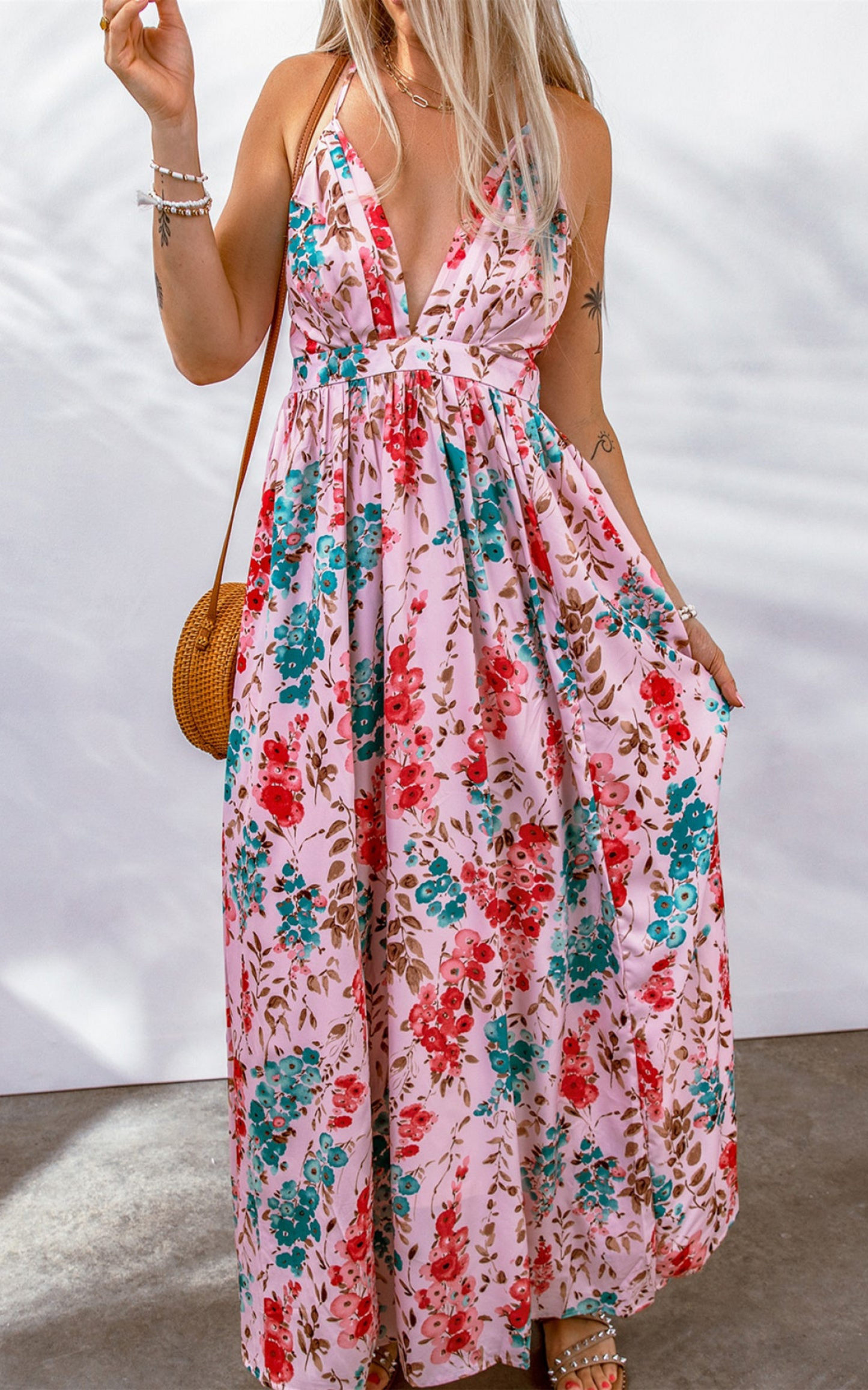 Pink Printed Pleated V Neck Crossed Strappy Back Dress