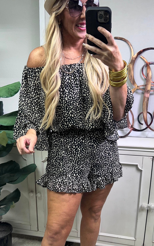 OFF THE SHOULDER ANIMAL PRINT ROMPER