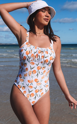 White Fruit Pattern Print Ruched One-Piece Swimsuit