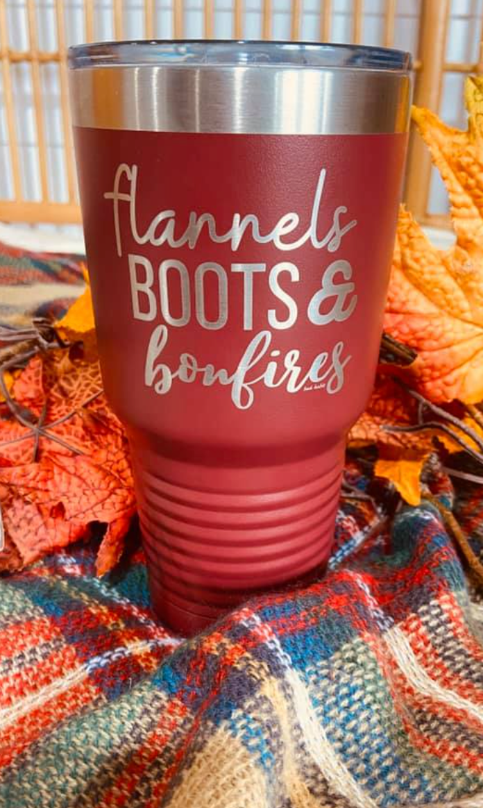  Flannels, Boots and Bonfire  Laser Etched Tumbler 30 oz, CLOTHING, BAD HABIT BOUTIQU, BAD HABIT BOUTIQUE 