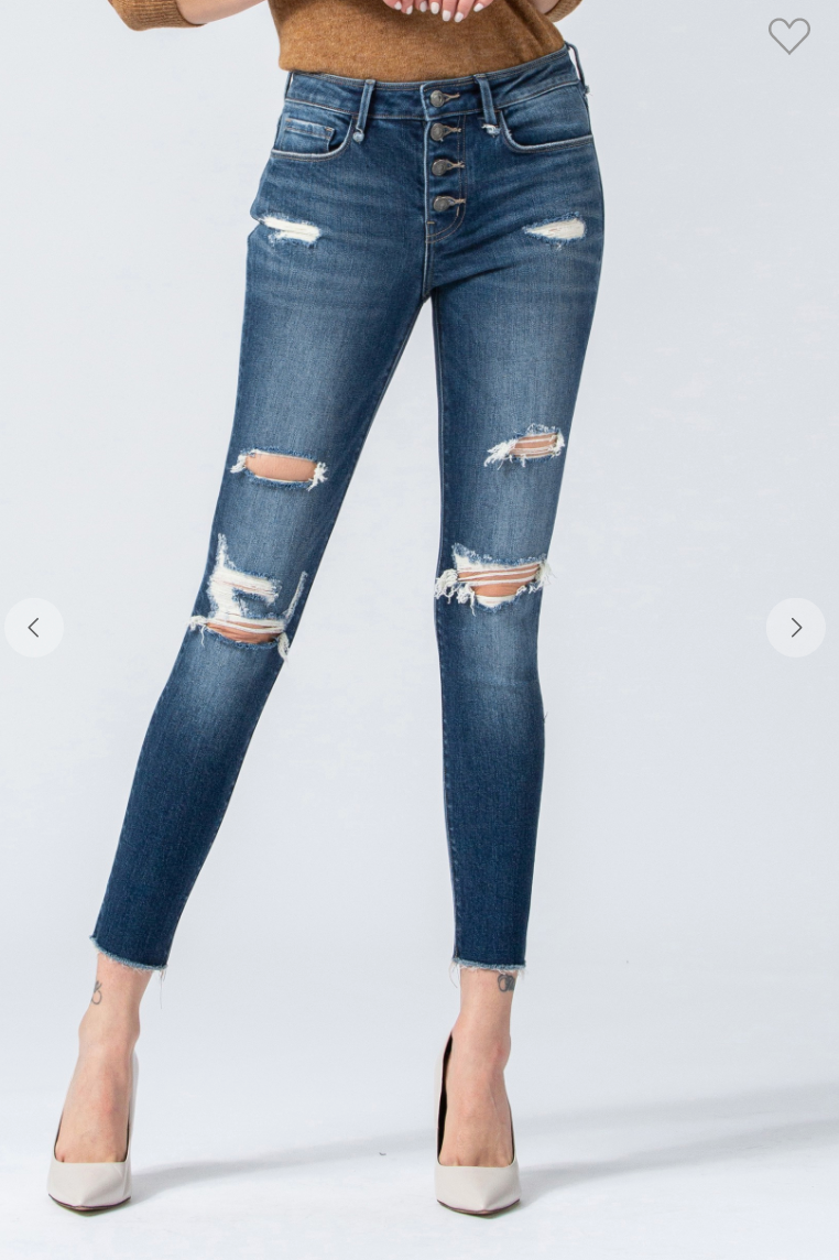 MID RISE BUTTON UP DISTRESSED RAW HEM ANKLE SKINNY JEAN - Final Sale