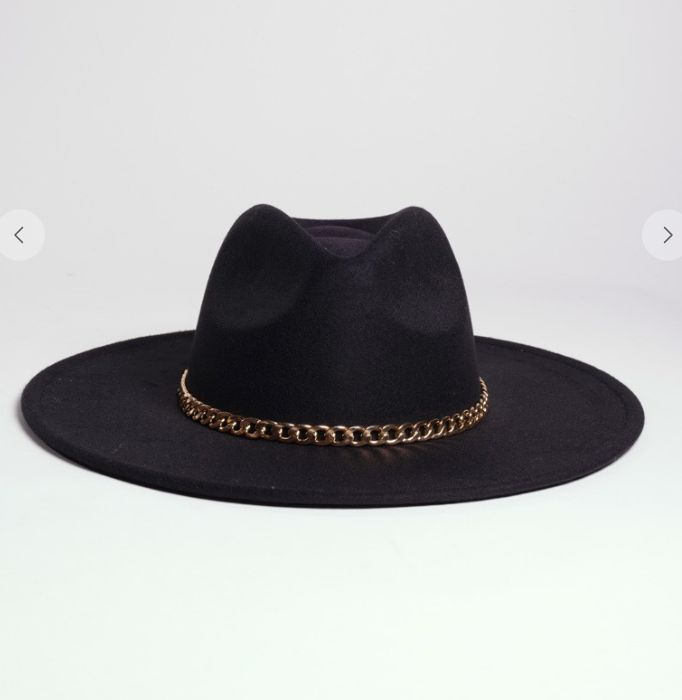 Faux Suede Fedora Gold Chain Hat