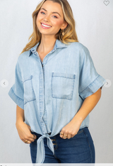 Chambray  Button Down w/ Tie Knot Top - Final Sale*