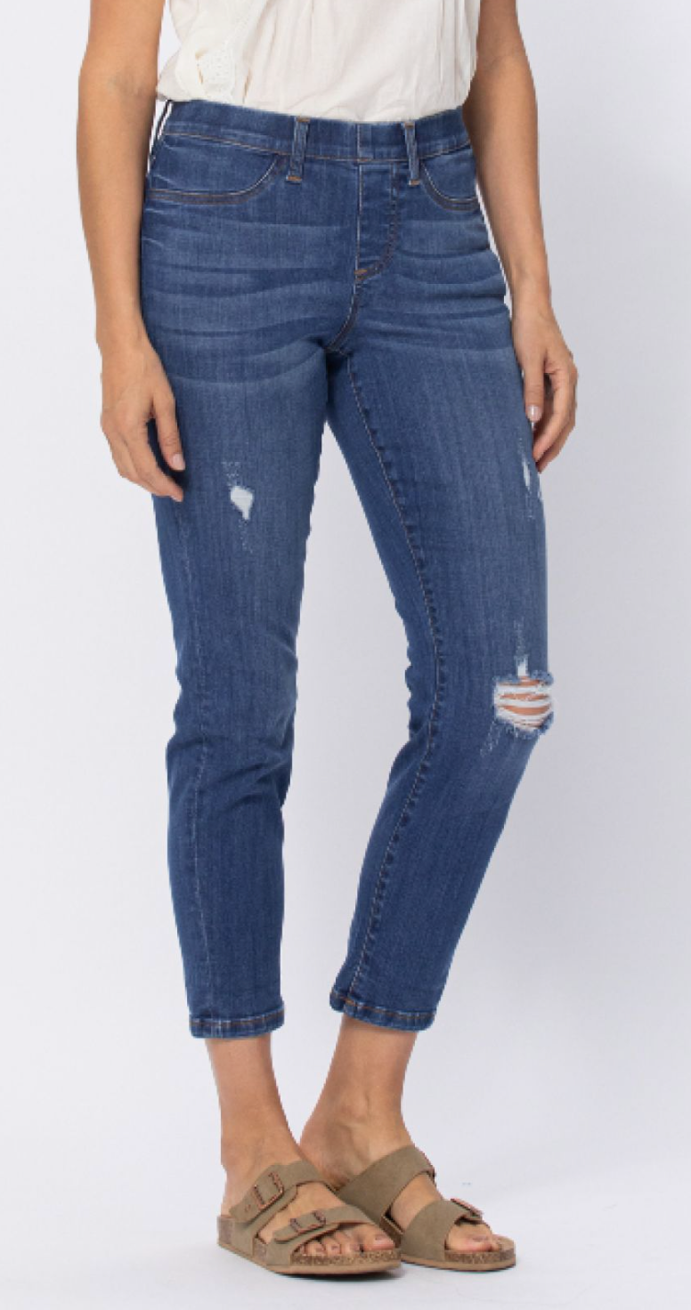 Mid Rise Distressed Pull On Boyfriend Jeggings- Judy Blue - Final Sale