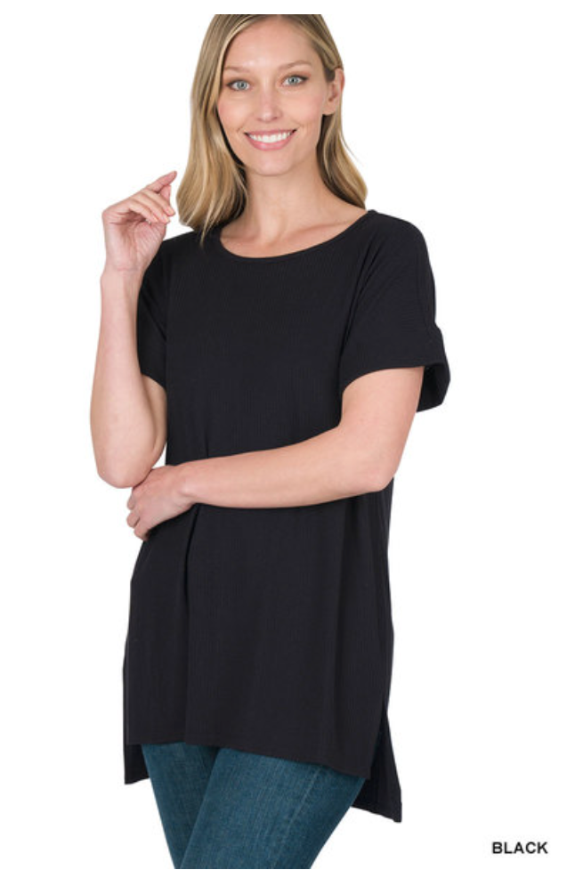 RIBBED ROUND NECK HI-LOW HEM TOP WITH SIDE SLITS - Final Sale