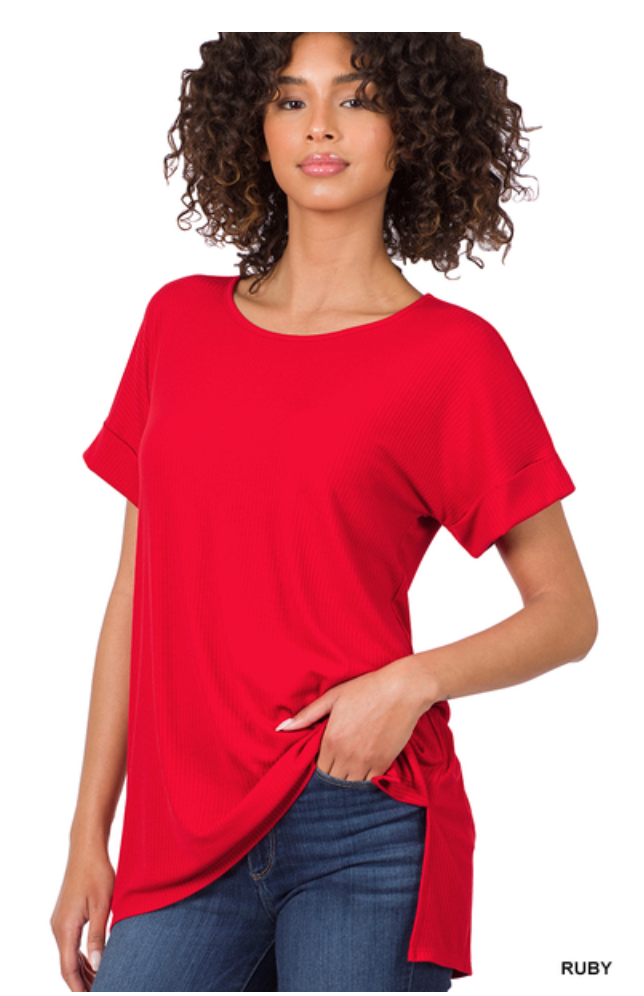 RIBBED ROUND NECK HI-LOW HEM TOP WITH SIDE SLITS - Final Sale