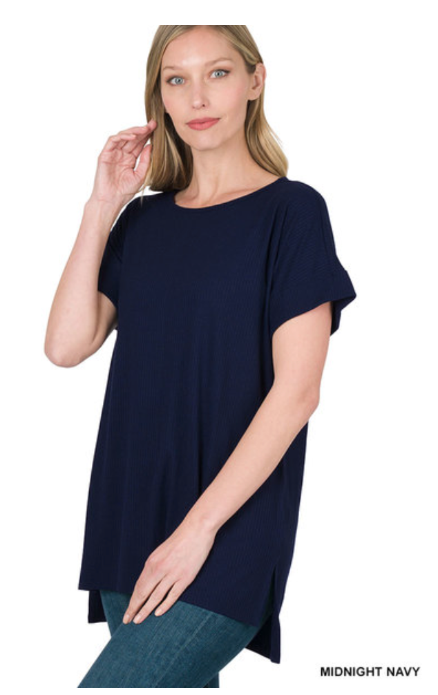 RIBBED ROUND NECK HI-LOW HEM TOP WITH SIDE SLITS - Final Sale