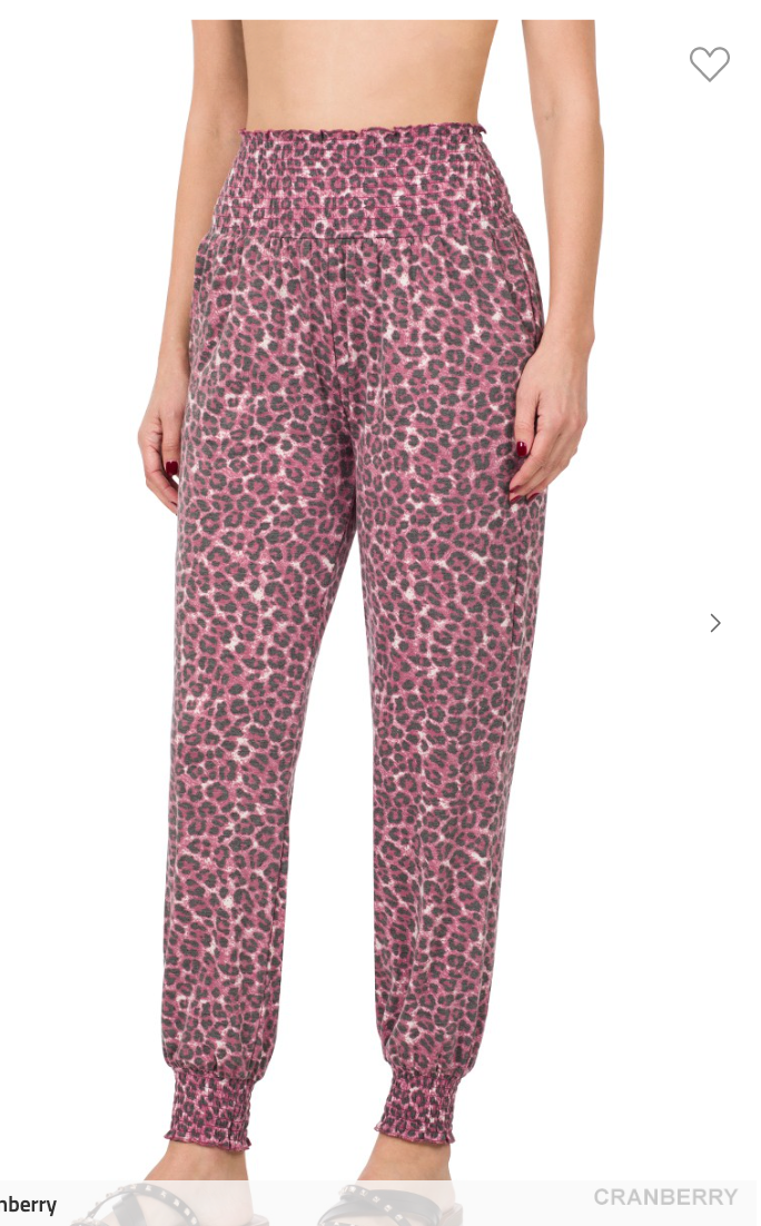 LEOPARD HIGH-WAISTED SMOCKED LOUNGE JOGGER PANTS