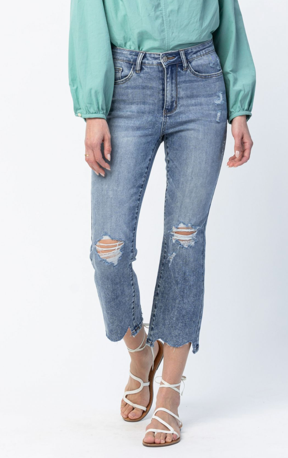 High Waist Cropped Chew Hem Bootcut Denim Jeans- Judy Blue - Final Sale