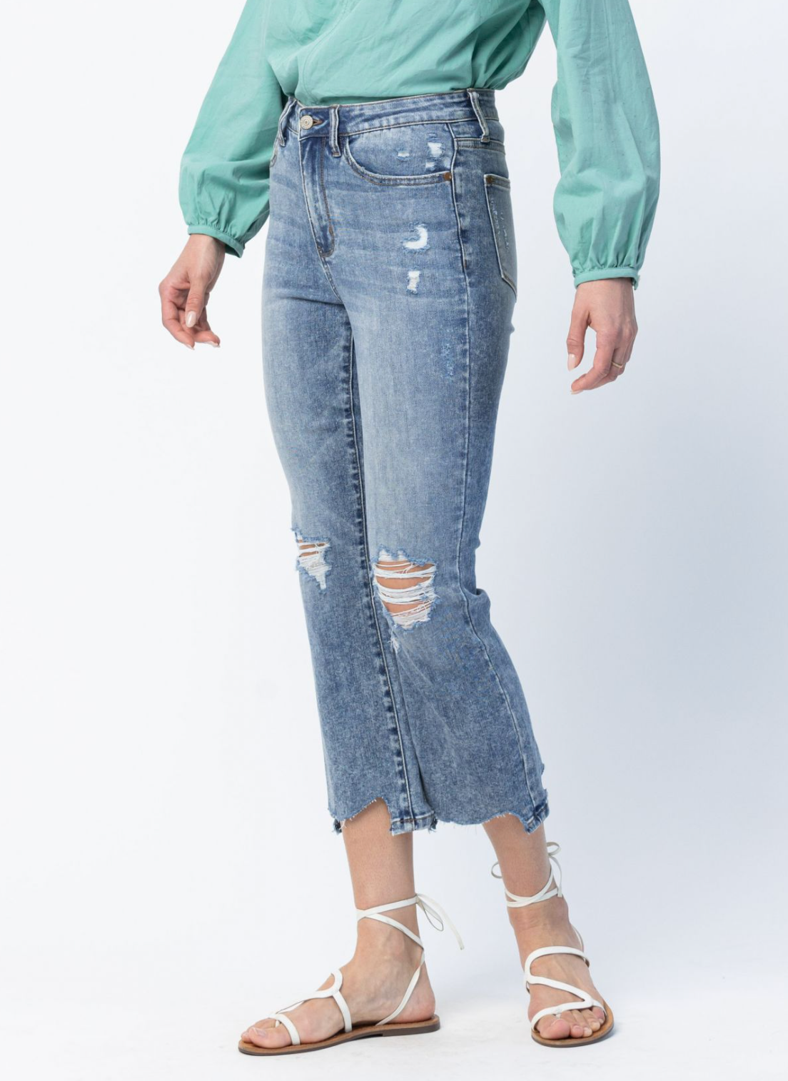 High Waist Cropped Chew Hem Bootcut Denim Jeans- Judy Blue - Final Sale