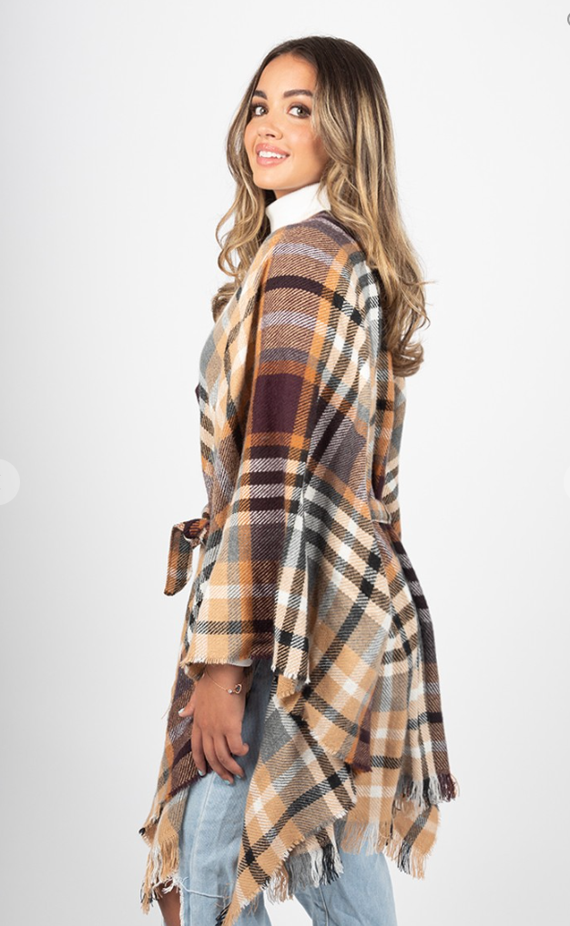 Plaid Ruana with Belt Fall Camel Brown