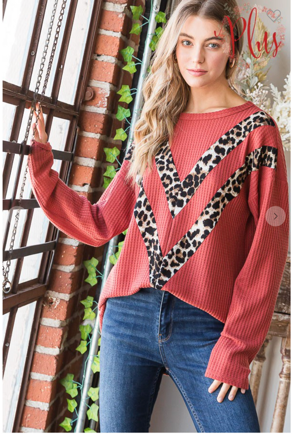 SOLID WAFFLE AND ANIMAL LEOPARD TOP - Final Sale*