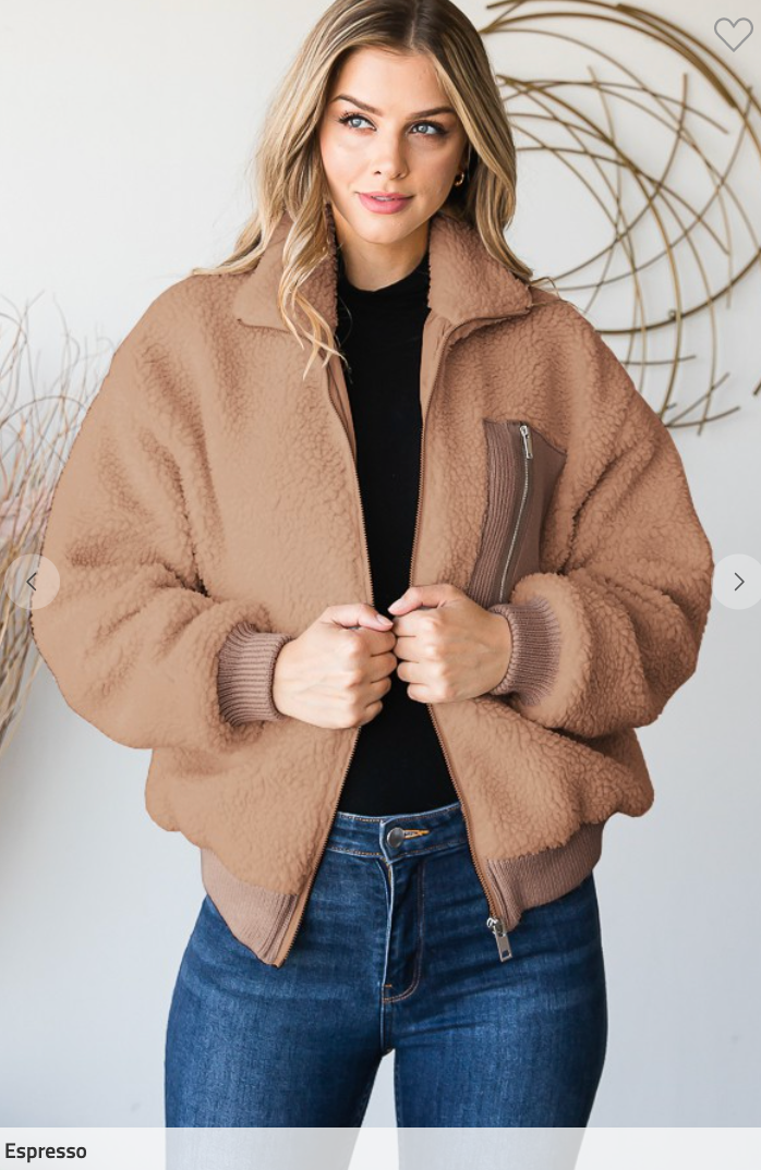 LONG SLEEVE COLLAR FRONT ZIPPER SHERPA JACKET - Final Sale