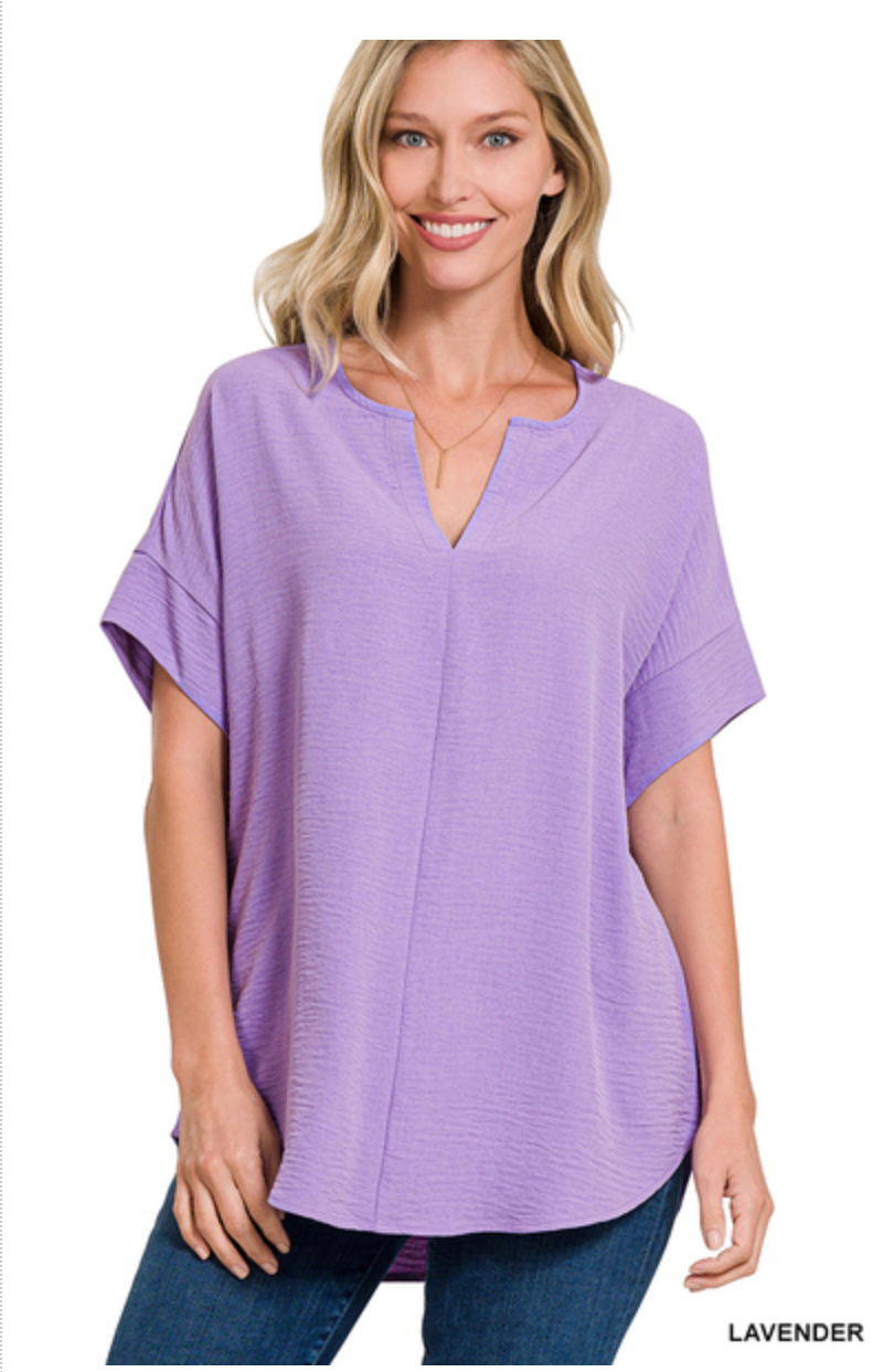 WOVEN AIRFLOW SPLIT NECK SHORT SLEEVE TOP